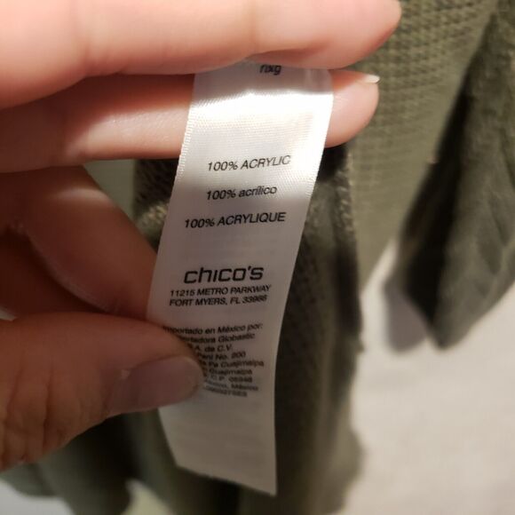Chico's Size 3  Long Open Front Cardigan Olive Green Acrylic Classic - Picture 4 of 10